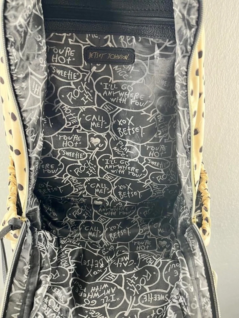 Betsey Johnson Cream Black Polka Dot Nylon Backpack Purse Heart Charm College